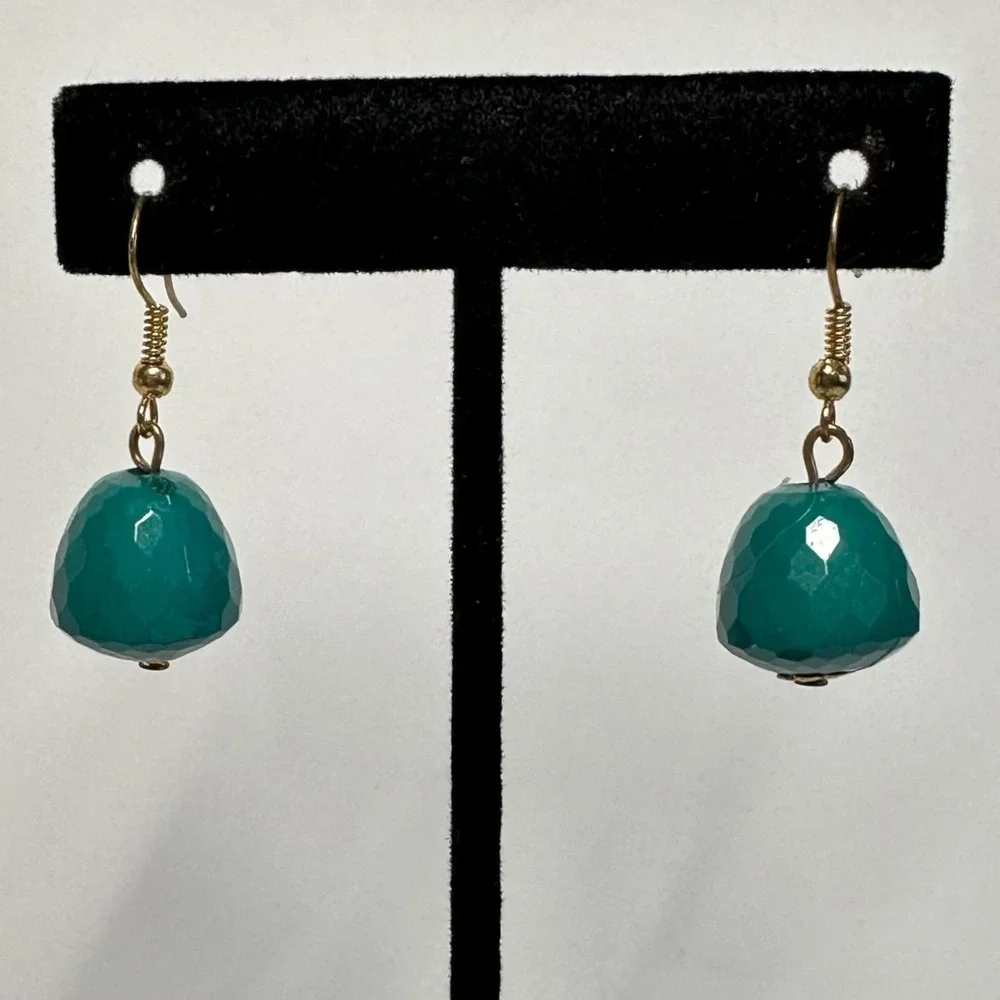 Teal Faceted Acrylic Bead Drop Earrings Gold‎ Tone Dangle Lightweight
